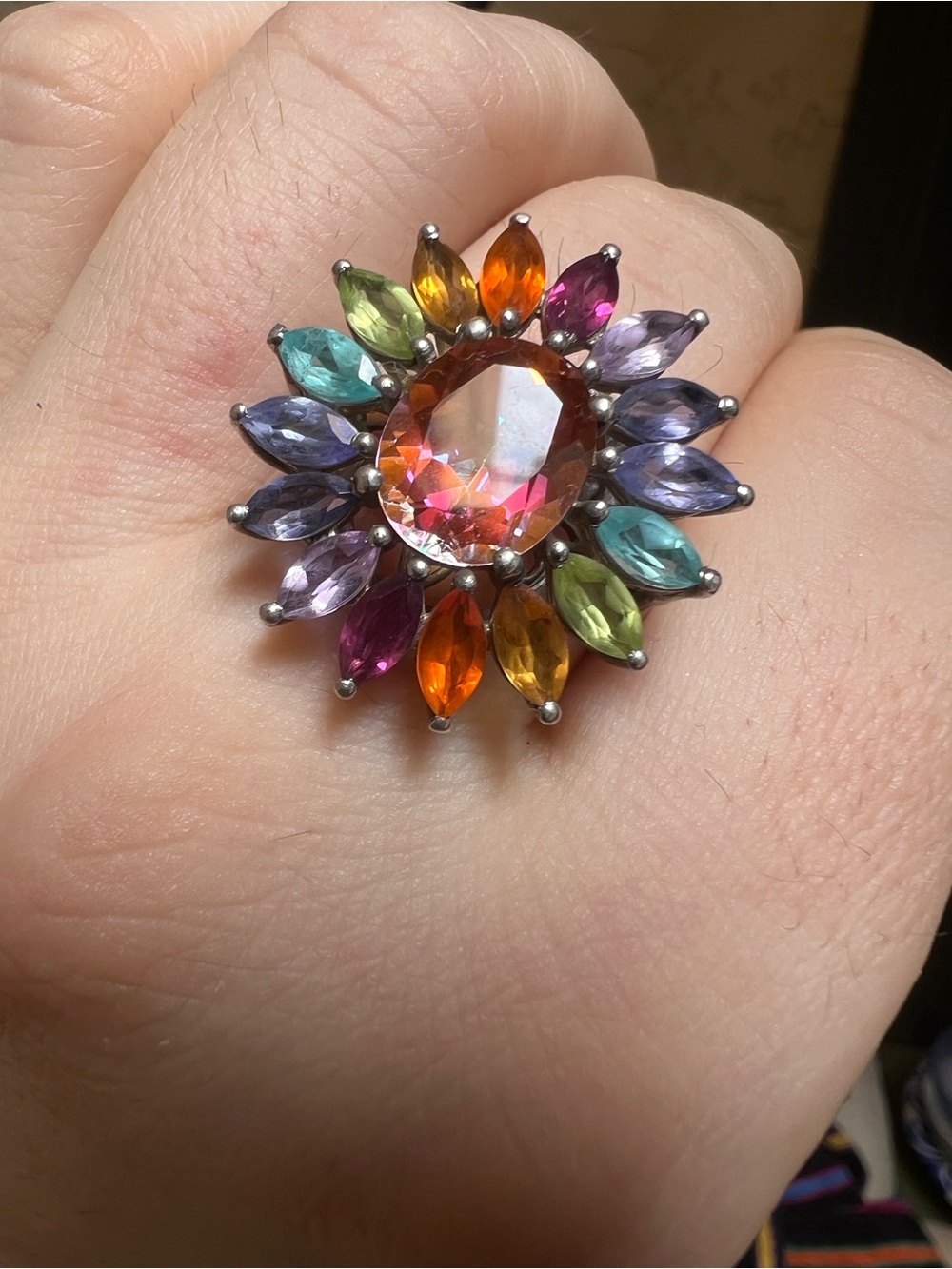 Multicolor Sunburst Gemstone Statement Ring - Size 10 - Picture 10 of 14